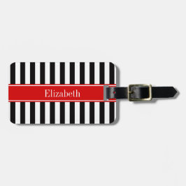 Zwart wit Stripe Red Ribbon Naam Monogram Bagagelabel