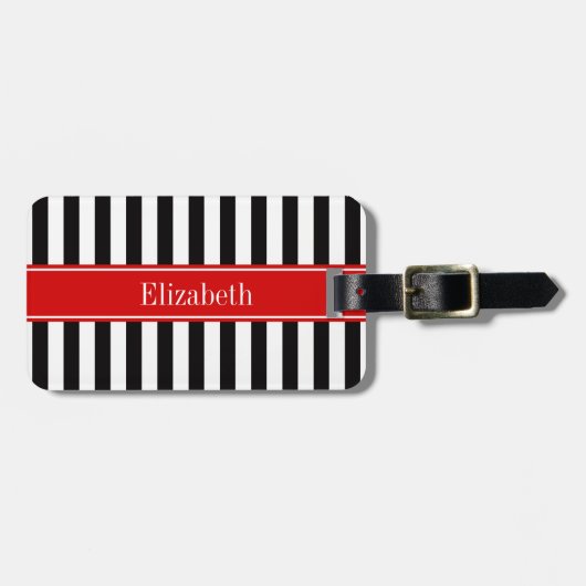 Zwart wit Stripe Red Ribbon Naam Monogram Bagagelabel (Voorkant horizontaal)