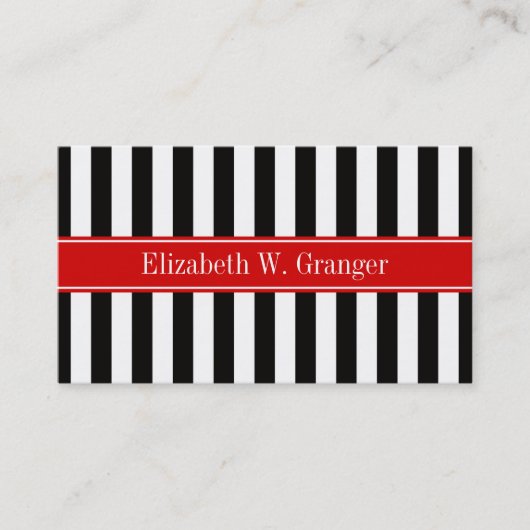 Zwart wit Stripe Red Ribbon Naam Monogram Visitekaartje (Voorkant)