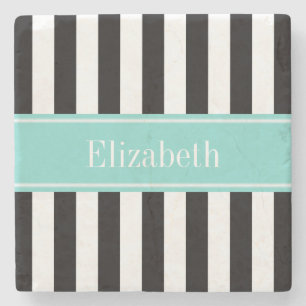 Zwart wit Stripe Turquoise Ribbon Naam Monogram Stenen Onderzetter