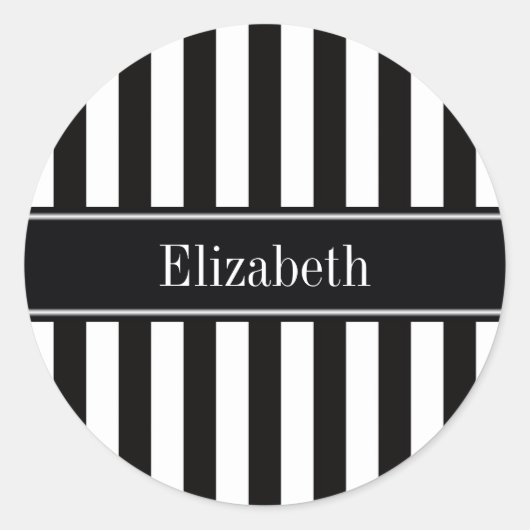 Zwart wit Stripe Zwarte Naam Monogram Ronde Sticker (Voorkant)