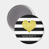 Zwart wit Striped Pattern Gold Heart Name Print Magneet (Voorkant / Achterkant)