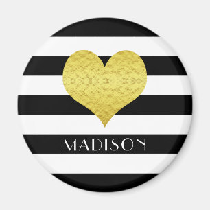 Zwart wit Striped Pattern Gold Heart Name Print Magneet