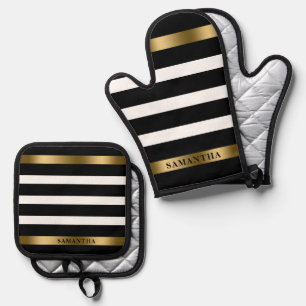 Zwart-wit Stripes Gold Accident Ovenwant & Pannenlap Set