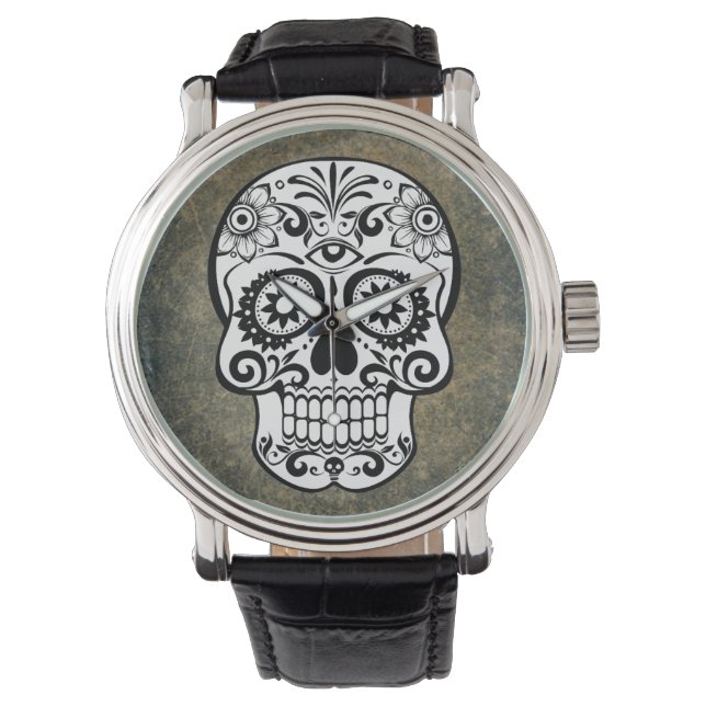 Zwart & Wit Sugar Skull Slate Watch  Horloge (Voorkant)