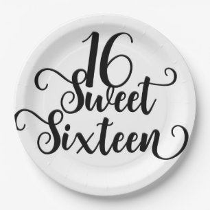 Zwart & Wit Sweet 16 Verjaardagsfeestje Papieren Bordje