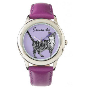 Zwart-Wit Tabby Kat Meisjesnaam Paars Horloge