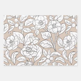 Zwart, Wit & Tan Bloemen Collage Inpakpapier Vel