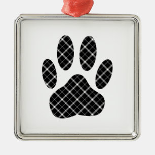Zwart-wit Tartan Dog Paw Afdrukken Metalen Ornament