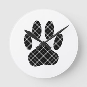 Zwart-wit Tartan Dog Paw Afdrukken Ronde Klok