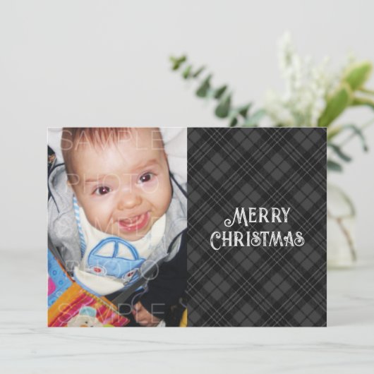 Zwart wit tartan geruite winter kerst foto feestdagenkaart (Staand voorkant)