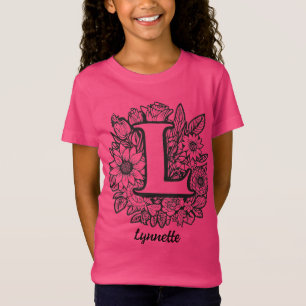 Zwart-wit tatoe bloemen monogram letter L T-shirt