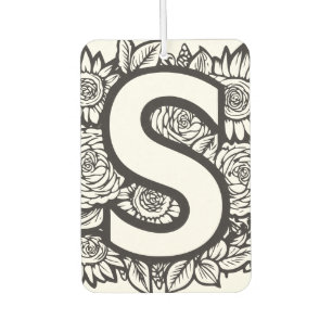 Zwart-wit Tattoo-stijl Inktbloemen Monogram Luchtverfrisser