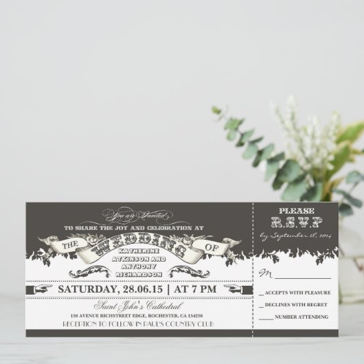 Zwart-wit ticket stijl bruiloft uitnodigingen (Staand voorkant)