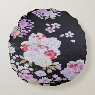 Zwart Wit Traditionele Japanse Bloemen Rond Kussen