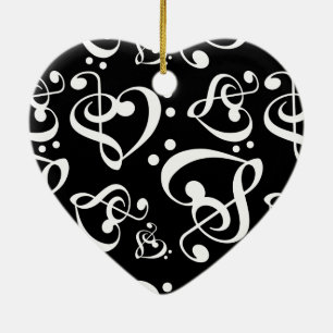 Zwart Wit Treble Bass Clef Hart Muziek Kerstmis Keramisch Ornament