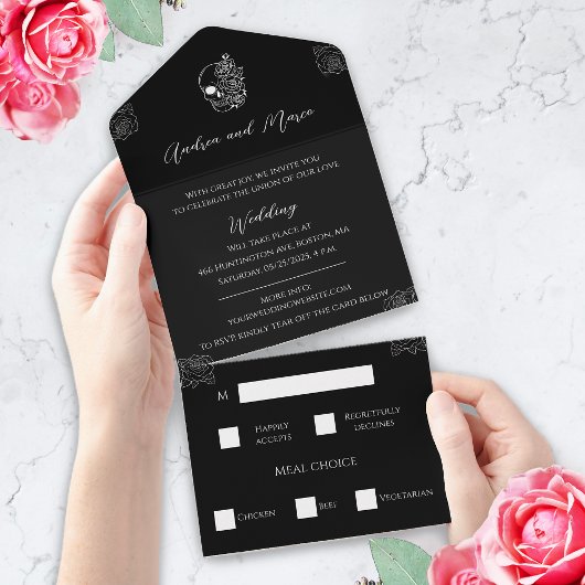 Zwart-wit Tri-Fold Gotische Bruiloft Uitnodigen All In One Uitnodiging