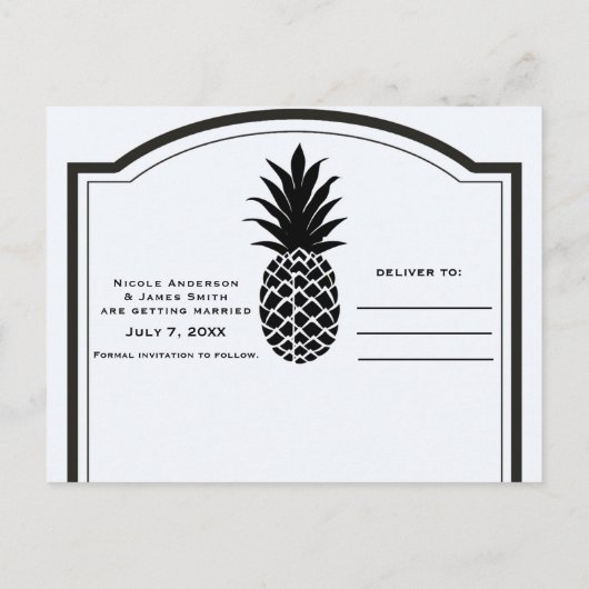 Zwart & Wit Tropische Ananas Bewaar de Datum Aankondigingskaart (Achterkant)