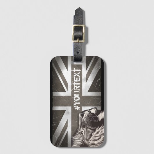 Zwart-wit Trotse Leeuw Union Jack Custom Text Bagagelabel (Voorkant (verticaal))