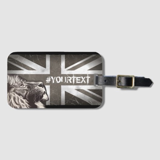 Zwart-wit Trotse Leeuw Union Jack Custom Text Bagagelabel (Voorkant (horizontaal))