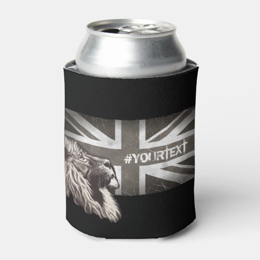 Zwart-wit Trotse Leeuw Union Jack Custom Text Blikjeskoeler (Blikje Voorkant)