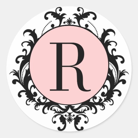Zwart Wit Trouwmonogram R Damask Roze Label (Voorkant)