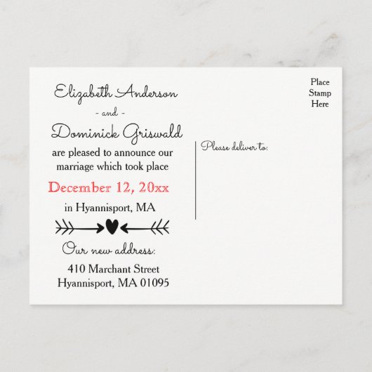 Zwart-wit trouwt met Heart Arrows Aankondigingskaart (Achterkant)