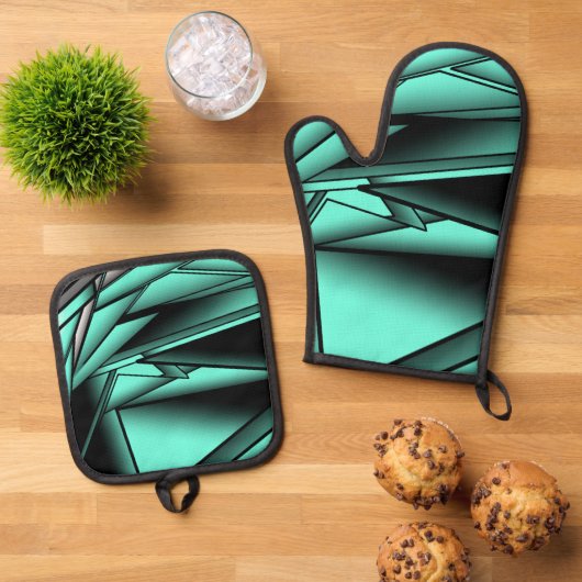 Zwart Wit Turquoise Ombre Moderne Abstracte kunst Ovenwant & Pannenlap Set (Top down)