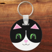 Zwart-wit Tuxedo Cat Happy Face Sleutelhanger (Voorkant)