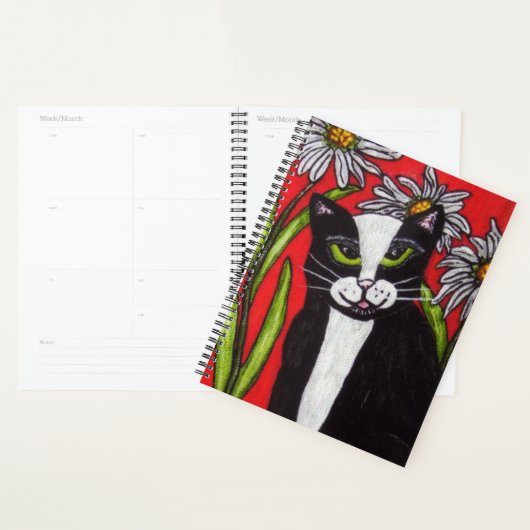 Zwart Wit Tuxedo Kat Groene Ogen Daisy Bloemen Planner (Display)