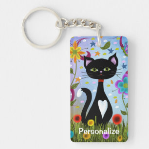 Zwart-wit Tuxedo Kat in een tuin personaliseren Sleutelhanger