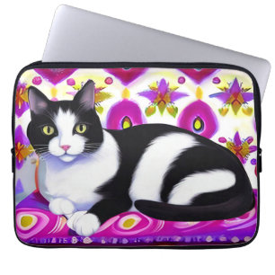 Zwart-wit Tuxedo Kat op een Kussen Laptop Sleeve