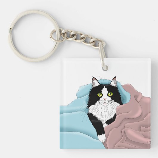 Zwart Wit Tuxedo Kattendekens Schattige Blauw Roze Sleutelhanger (Voorkant)