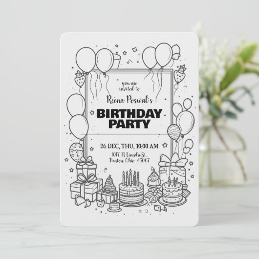 Zwart-wit verjaardagsfeest uitnodiging (Staand voorkant)
