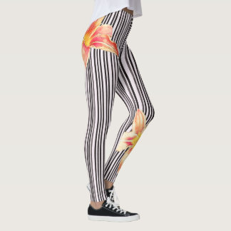 Zwart-wit - verticale strepen Oranje bloemen Yoga Leggings