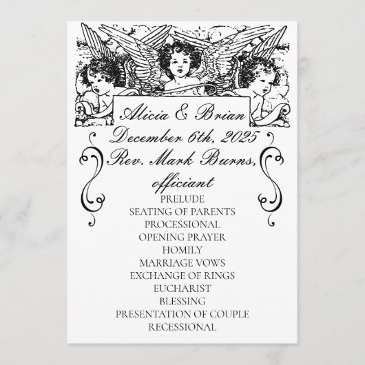 Zwart-wit Victoriaans Cherubs bruiloft Programma (Voorkant)
