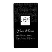 ZWART-WIT VIERKANT DAMASK MONOGRAM ETIKET (Voorkant)