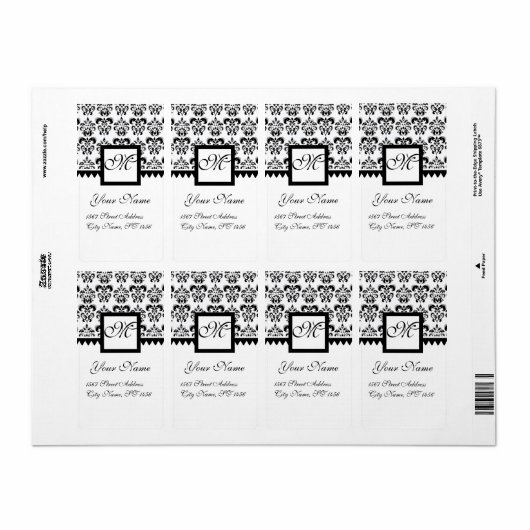 ZWART-WIT VIERKANT DAMASK MONOGRAM, ETIKET (Full Sheet)