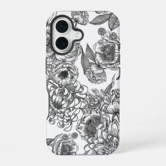 Zwart-wit vintage bloemrijke lijnkunst telefoonhoe iPhone 16 hoesje