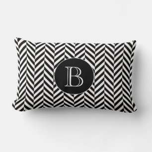 Zwart wit visgraatpatroon Custom Monogram Kussen