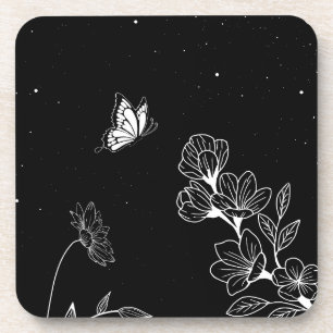 Zwart-wit vlinder en bloemen 's nachts Kunst Bier Onderzetter