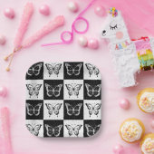 Zwart wit vlinder geruite blokprint papieren bordje (Feest)