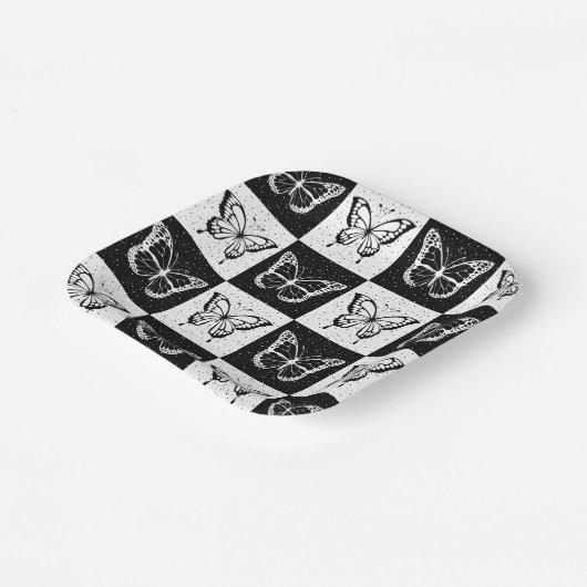 Zwart wit vlinder geruite blokprint papieren bordje (Gebogen)