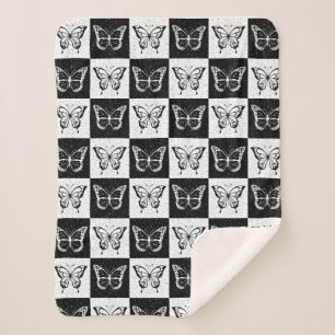 Zwart wit vlinder geruite blokprint sherpa deken