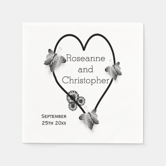 Zwart-wit vlinder hart ontwerp bruiloft servet (Voorkant)