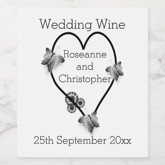Zwart-wit vlinder hart ontwerp bruiloft wijn etiket (Enkel label)