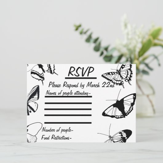 Zwart-wit Vlinders RSVP Platte Kaart (Staand voorkant)