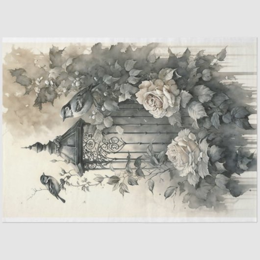 Zwart-wit Vogelkooi Tissuepapier (Voorkant)