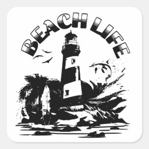 Zwart-wit Vuurtoren Beach Life Vierkante Sticker