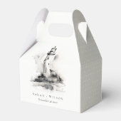 Zwart-wit vuurtoren nautische schets bruiloft bedankdoosjes (Achterkant)